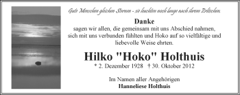Traueranzeige von Hilko Holthuis von Ostfriesischer Kurier