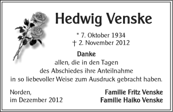 Traueranzeige von Hedwig Venske von Ostfriesischer Kurier
