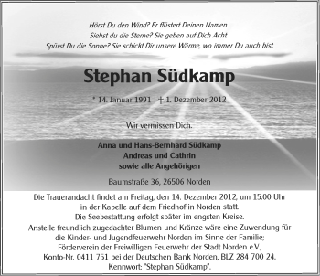 Traueranzeige von Stephan SÃ¼dkamp von Ostfriesischer Kurier