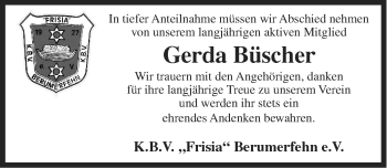 Traueranzeige von Gerda Büscher von Ostfriesischer Kurier