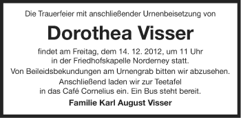 Traueranzeige von Dorothea Visser von Ostfriesischer Kurier