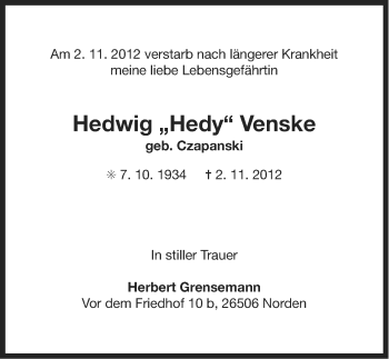 Traueranzeige von Hedwig Venske von Ostfriesischer Kurier