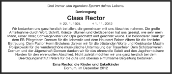 Traueranzeige von Claas Rector von Ostfriesischer Kurier