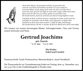 Traueranzeige von Gertrud Joachims von Ostfriesischer Kurier