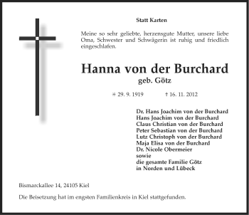 Traueranzeige von Hanna von der Burchard von Ostfriesischer Kurier