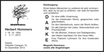 Traueranzeige von Herbert Hommers von Ostfriesischer Kurier