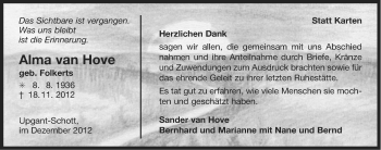 Traueranzeige von Alma van Hove von Ostfriesischer Kurier