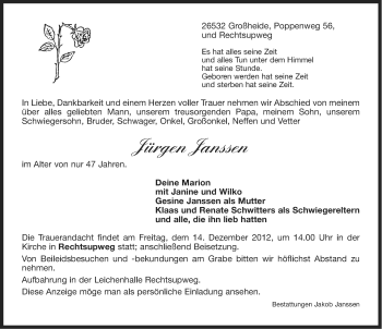 Traueranzeige von Jürgen Janssen von Ostfriesischer Kurier