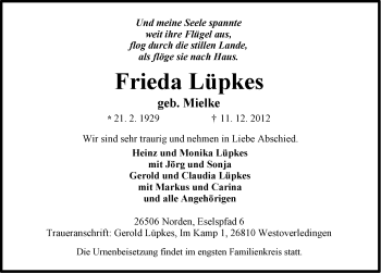 Traueranzeige von Frieda Lüpkes von Ostfriesischer Kurier