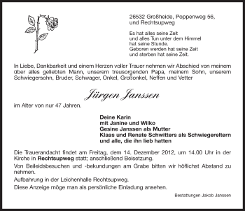 Traueranzeige von Jürgen Janssen von Ostfriesischer Kurier