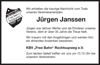 Traueranzeige von Jürgen Janssen von Ostfriesischer Kurier