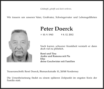 Traueranzeige von Peter Doerck von Ostfriesischer Kurier