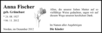 Traueranzeige von Anna Fischer von Ostfriesischer Kurier