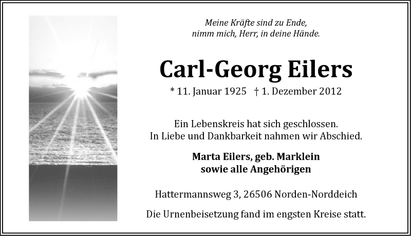  Traueranzeige für Carl-Georg Eilers vom 15.12.2012 aus Ostfriesischer Kurier