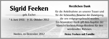 Traueranzeige von Sigrid Feeken von Ostfriesischer Kurier