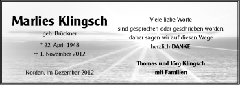 Traueranzeige von Marlies Klingsch von Ostfriesischer Kurier
