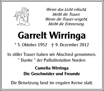 Traueranzeige von Garrelt Wirringa von Ostfriesischer Kurier