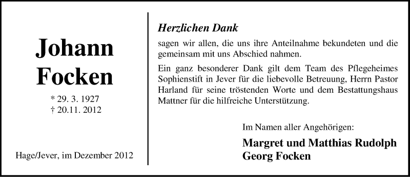  Traueranzeige für Johann Focken vom 15.12.2012 aus Ostfriesischer Kurier