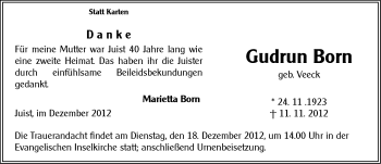 Traueranzeige von Gudrun Born von Ostfriesischer Kurier