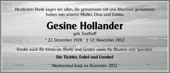 Traueranzeige von Gesine Hollander von Ostfriesischer Kurier
