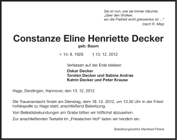 Traueranzeige von Constanze Eline Henriette Decker von Ostfriesischer Kurier