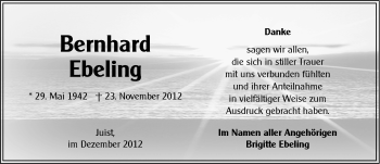 Traueranzeige von Bernhard Ebeling von Ostfriesischer Kurier