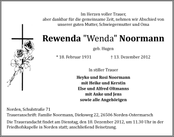 Traueranzeige von Rewenda  Noormann von Ostfriesischer Kurier