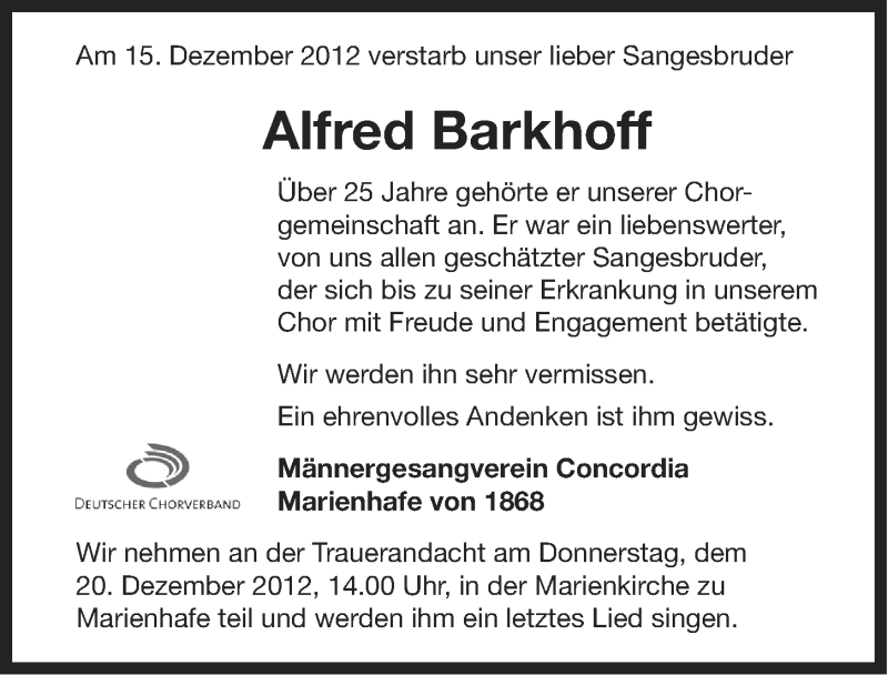  Traueranzeige für Alfred Barkhoff vom 18.12.2012 aus Ostfriesischer Kurier