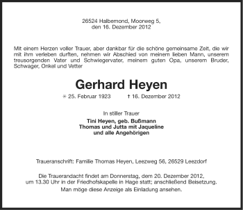 Traueranzeige von Gerhard Heyen von Ostfriesischer Kurier