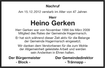 Traueranzeige von Heino Gerken von Ostfriesischer Kurier