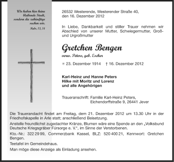 Traueranzeige von Gretchen Bengen von Ostfriesischer Kurier