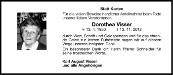 Traueranzeige von Dorothea Visser von Ostfriesischer Kurier