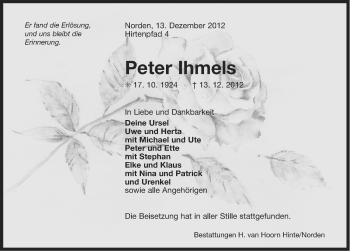 Traueranzeige von Peter Ihmels von Ostfriesischer Kurier