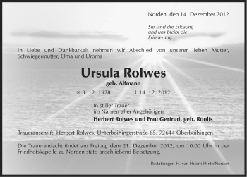 Traueranzeige von Ursula Rolwes von Ostfriesischer Kurier