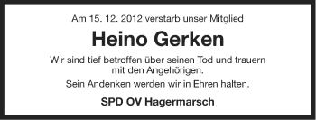 Traueranzeige von Heino Gerken von Ostfriesischer Kurier