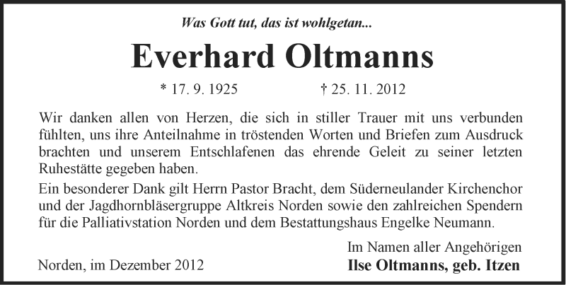  Traueranzeige für Everhard Oltmanns vom 22.12.2012 aus Ostfriesischer Kurier