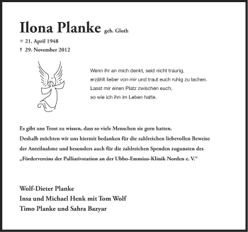 Traueranzeige von Ilona Planke von Ostfriesischer Kurier