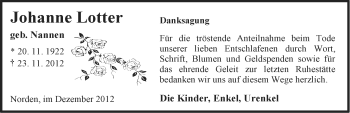 Traueranzeige von Johanne Lotter von Ostfriesischer Kurier