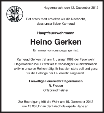 Traueranzeige von Heino Gerken von Ostfriesischer Kurier
