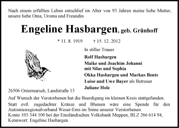 Traueranzeige von Engeline Hasbargen von Ostfriesischer Kurier