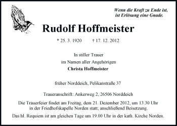 Traueranzeige von Rudolf Hoffmeister von Ostfriesischer Kurier