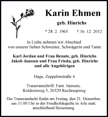 Traueranzeige von Karin Ehmen von Ostfriesischer Kurier