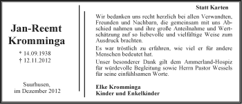 Traueranzeige von Jan-Reemt Kromminga von Ostfriesischer Kurier