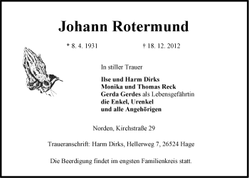 Traueranzeige von Johann Rotermund von Ostfriesischer Kurier