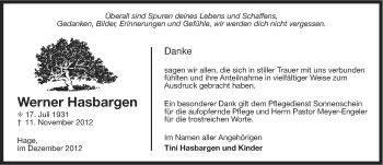 Traueranzeige von Werner Hasbargen von Ostfriesischer Kurier