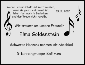 Traueranzeige von Elma Goldenstein von Ostfriesischer Kurier