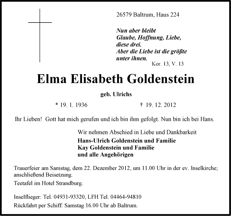  Traueranzeige für Elma Elisabeth Goldenstein vom 21.12.2012 aus Ostfriesischer Kurier