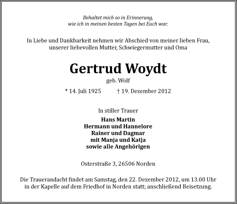  Traueranzeige für Gertrud Woydt vom 21.12.2012 aus Ostfriesischer Kurier