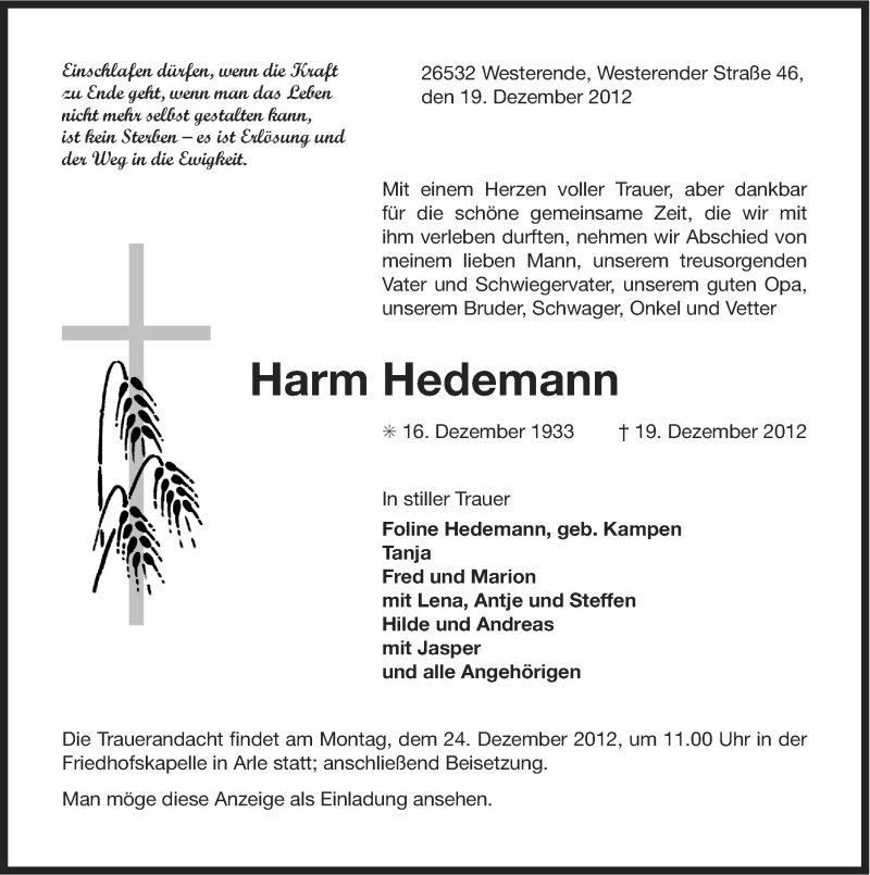  Traueranzeige für Harm Hedemann vom 21.12.2012 aus Ostfriesischer Kurier