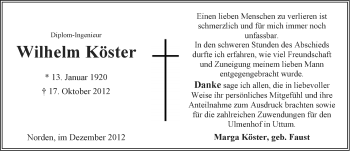 Traueranzeige von Wilhelm Köster von Ostfriesischer Kurier